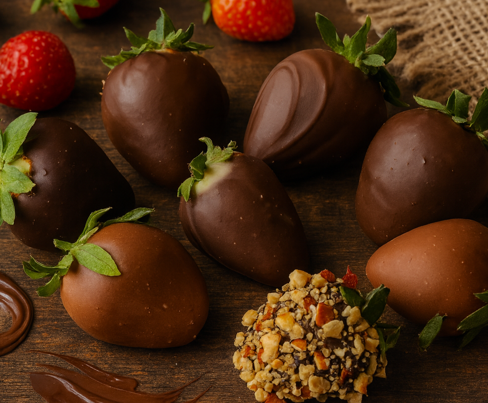 Chocolate-dipped strawberries on a wooden surface with a textured fabric background