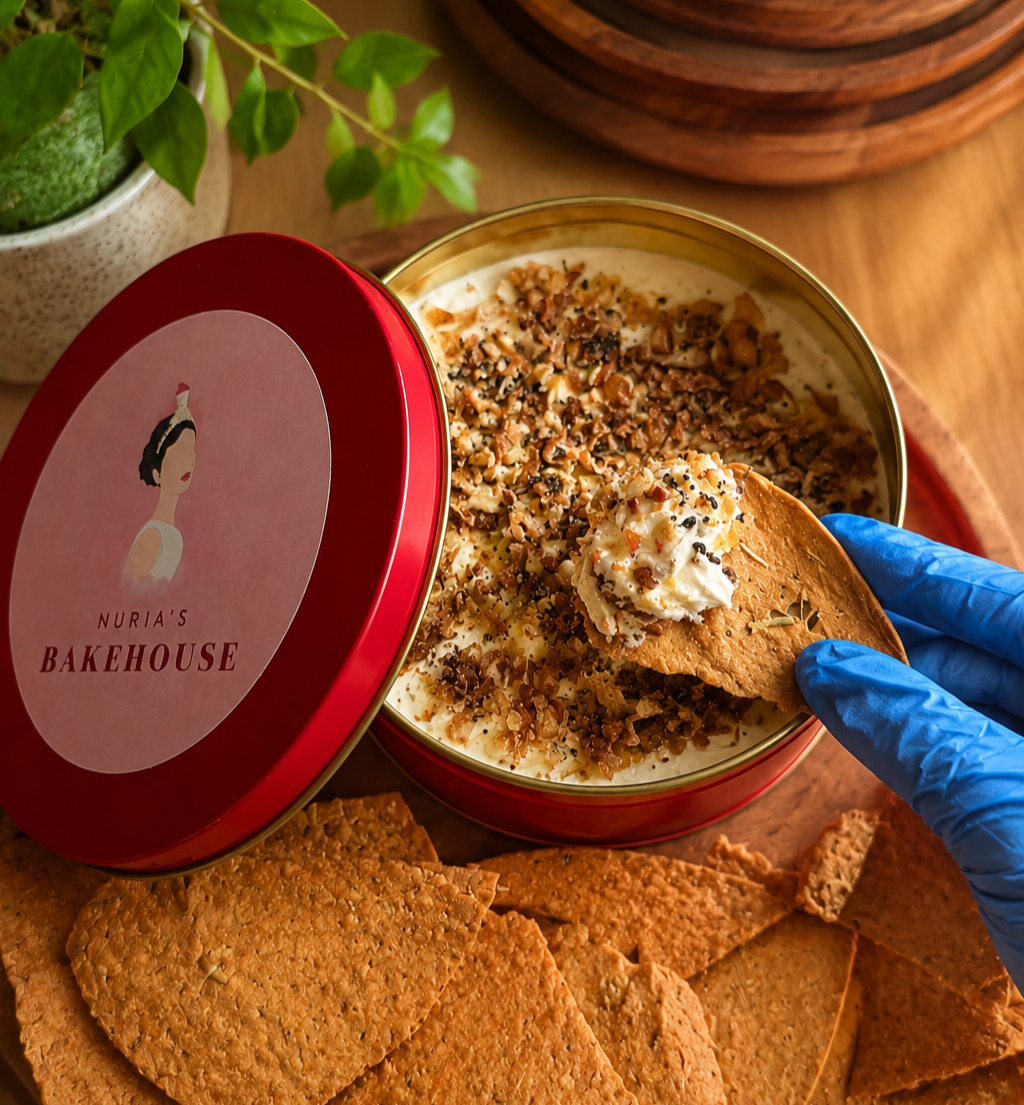 Everything bagel garlic dip with rosemary garlic khakhras - Father's Day gift, Nuria's Bakehouse