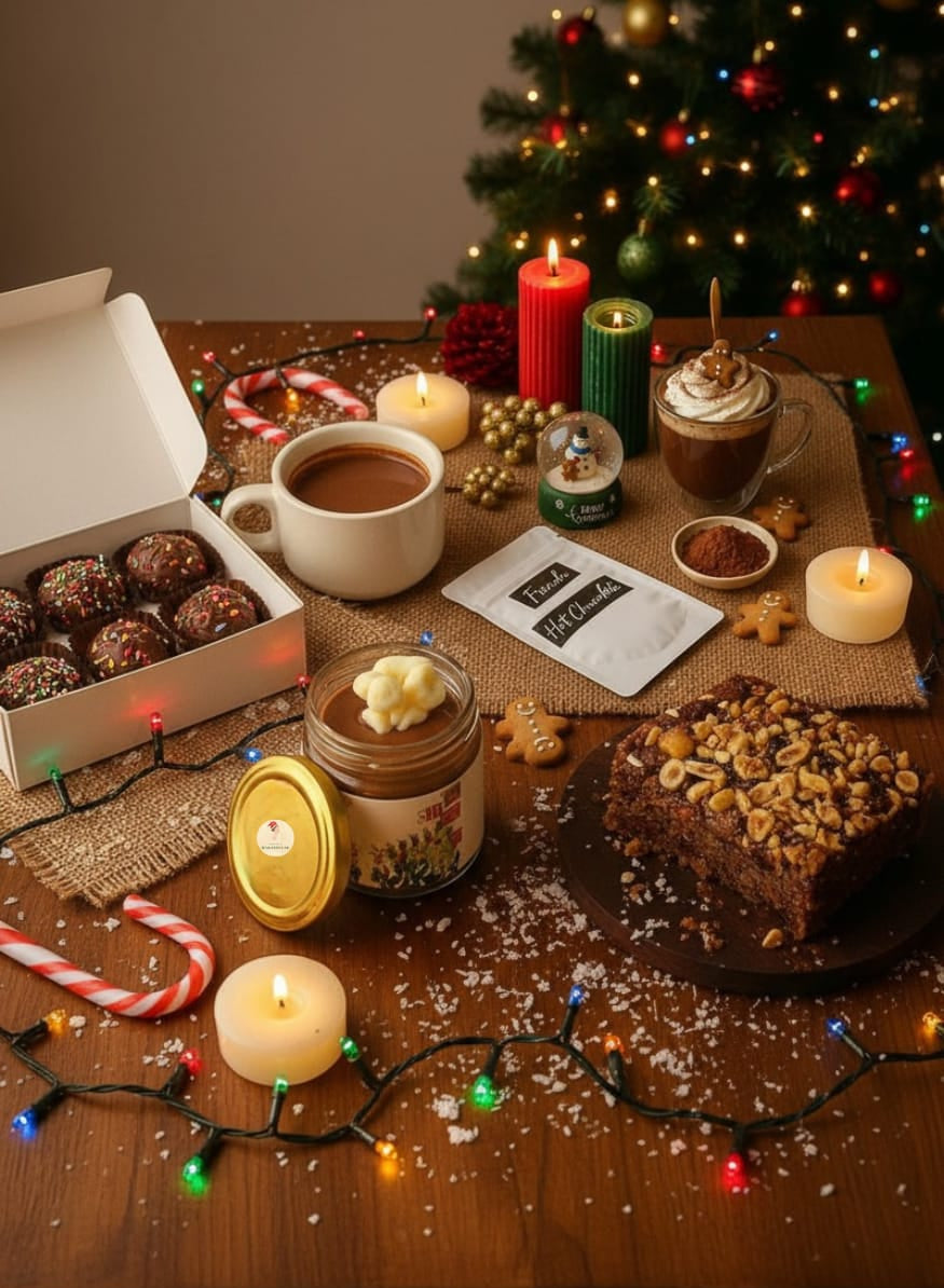  festive table setting with coffee, pastries, and a Christmas tree in the background
