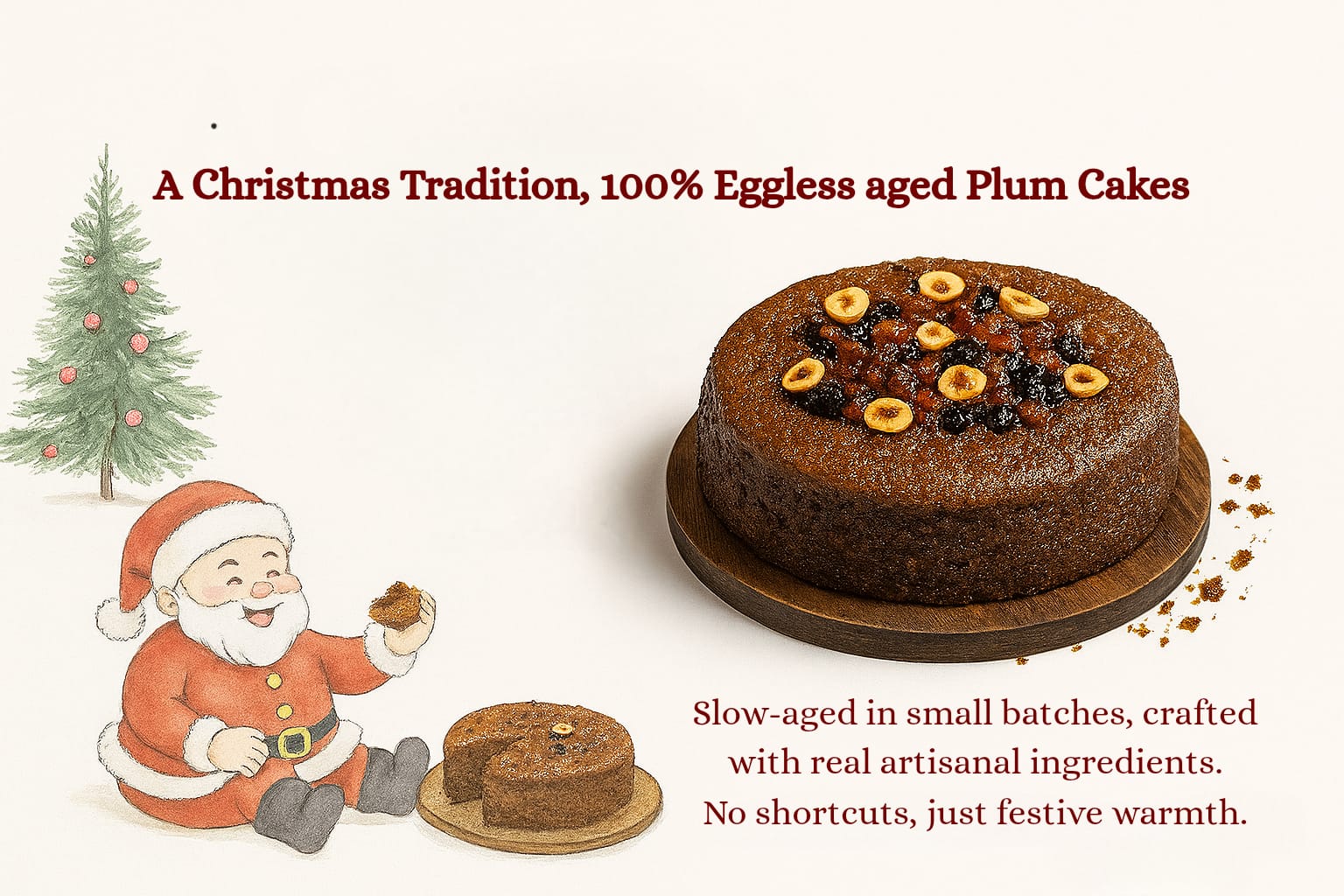 Plum cake with Santa Claus illustration and text about a Christmas tradition.