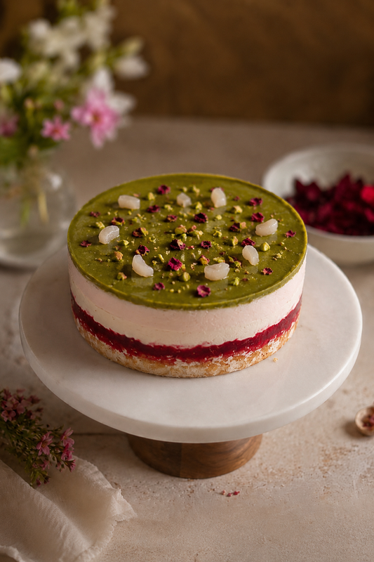 Lychee Raspberry Pistachio Cloud Cake